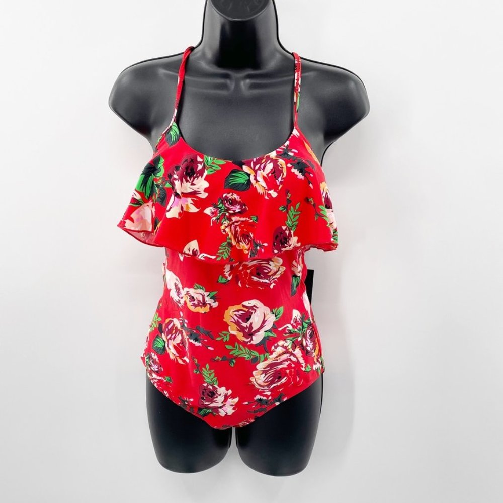 Janela Bay Womens Red Floral Ruffle One Piece Swim Suit Open Back Size XS READ